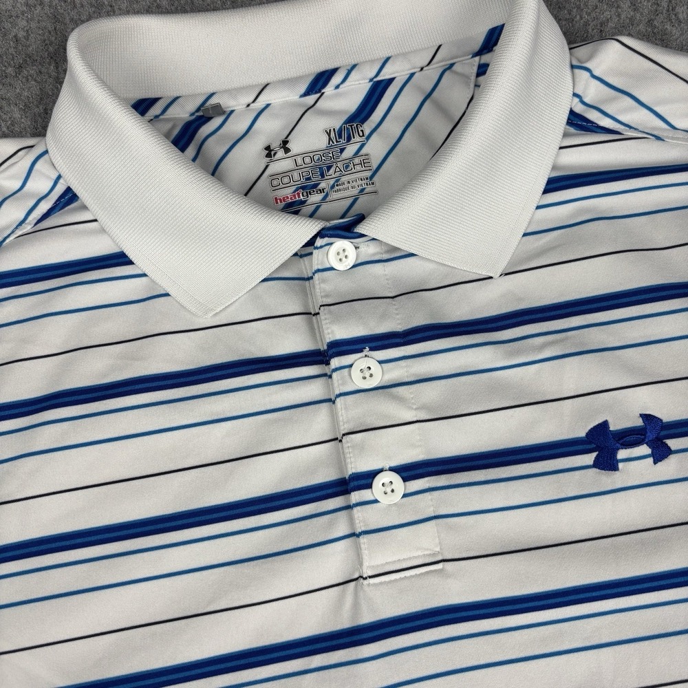 Under Armour Polo Shirt Mens Xl White Blue Striped Golf Short Sleeve Stretch